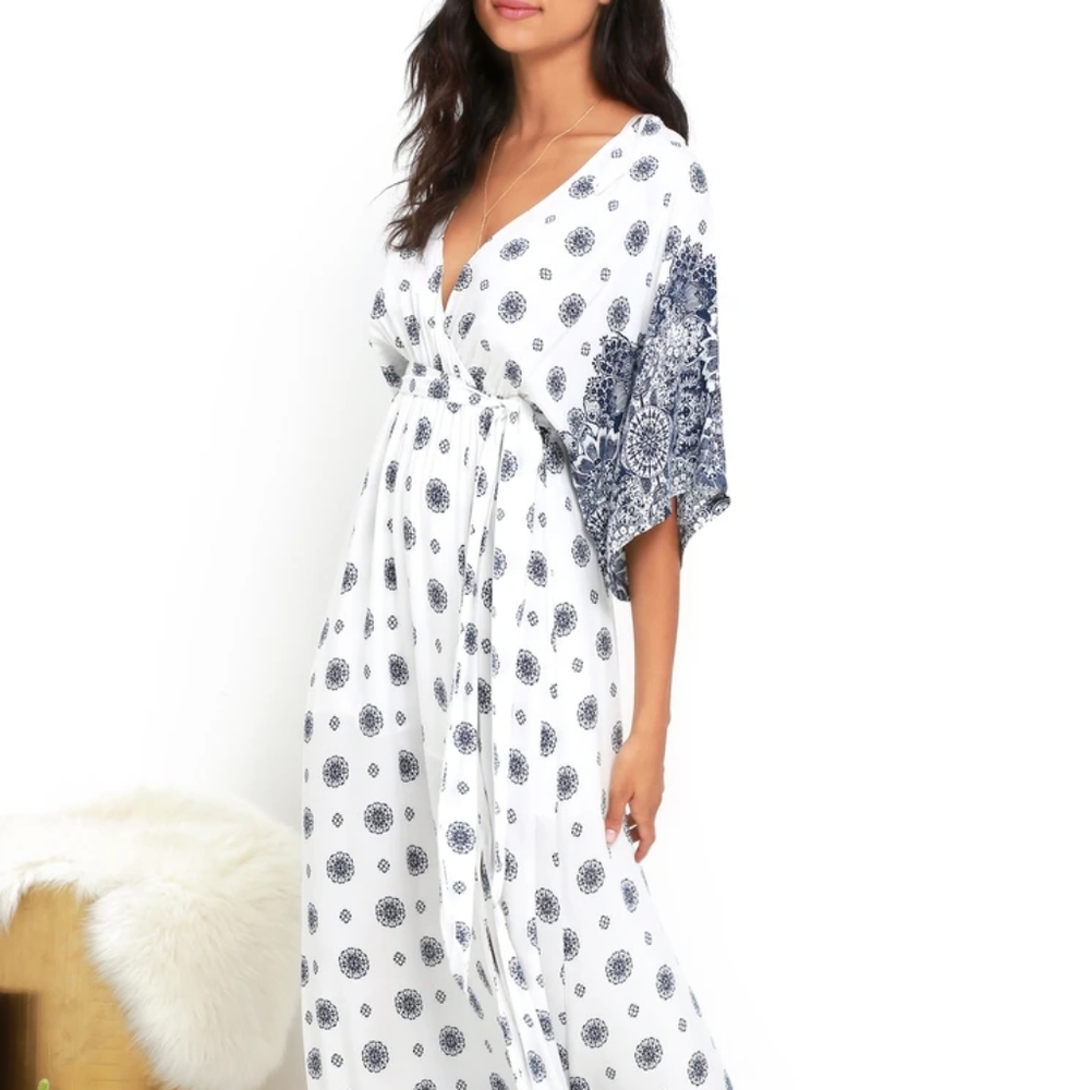 Lulu's South of France Ivory and Blue Maxi Dress